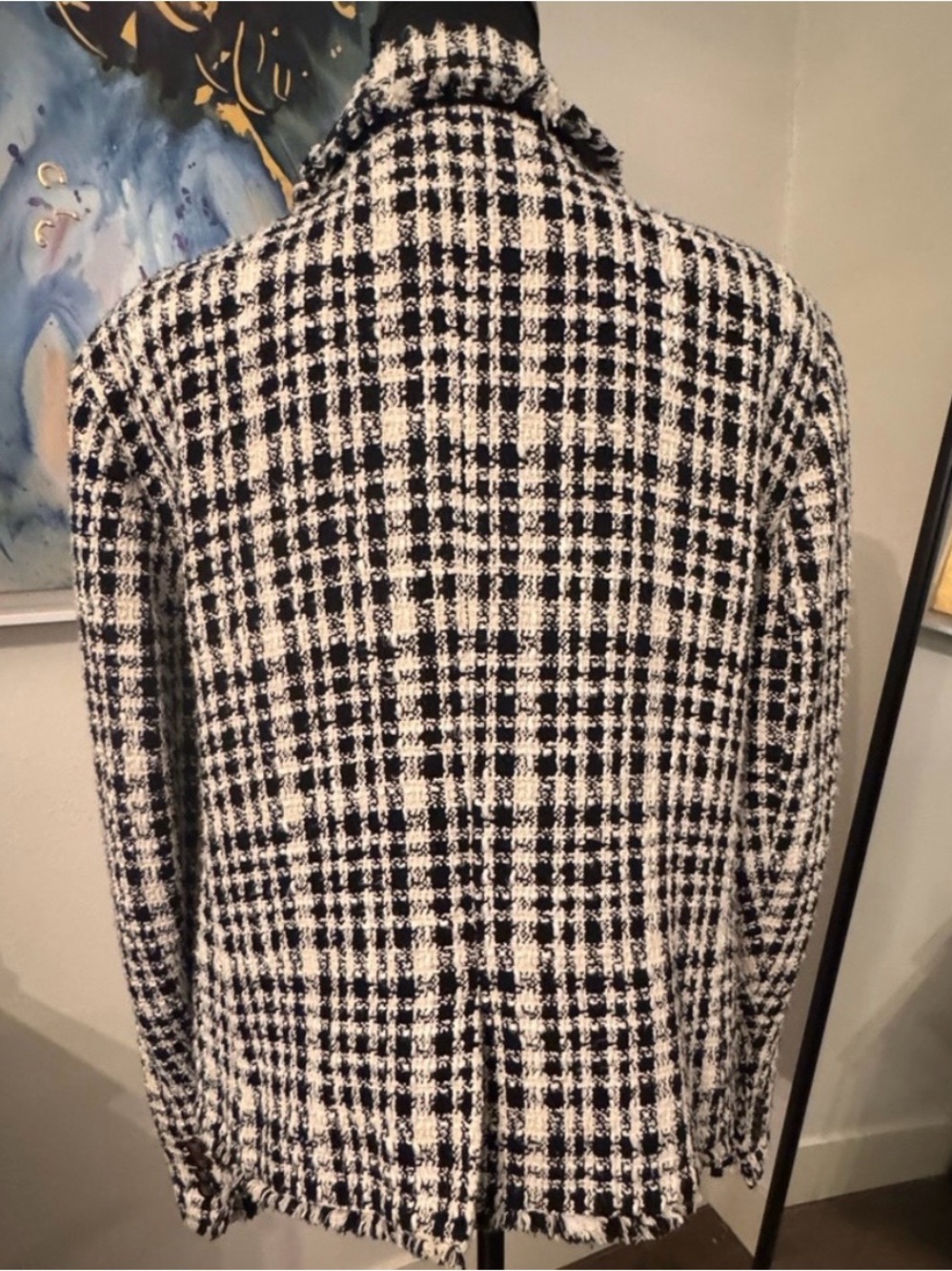 Ann Taylor Black Cream Tweed Blazer Fringe Jacket Size 16 - Picture 5 of 9